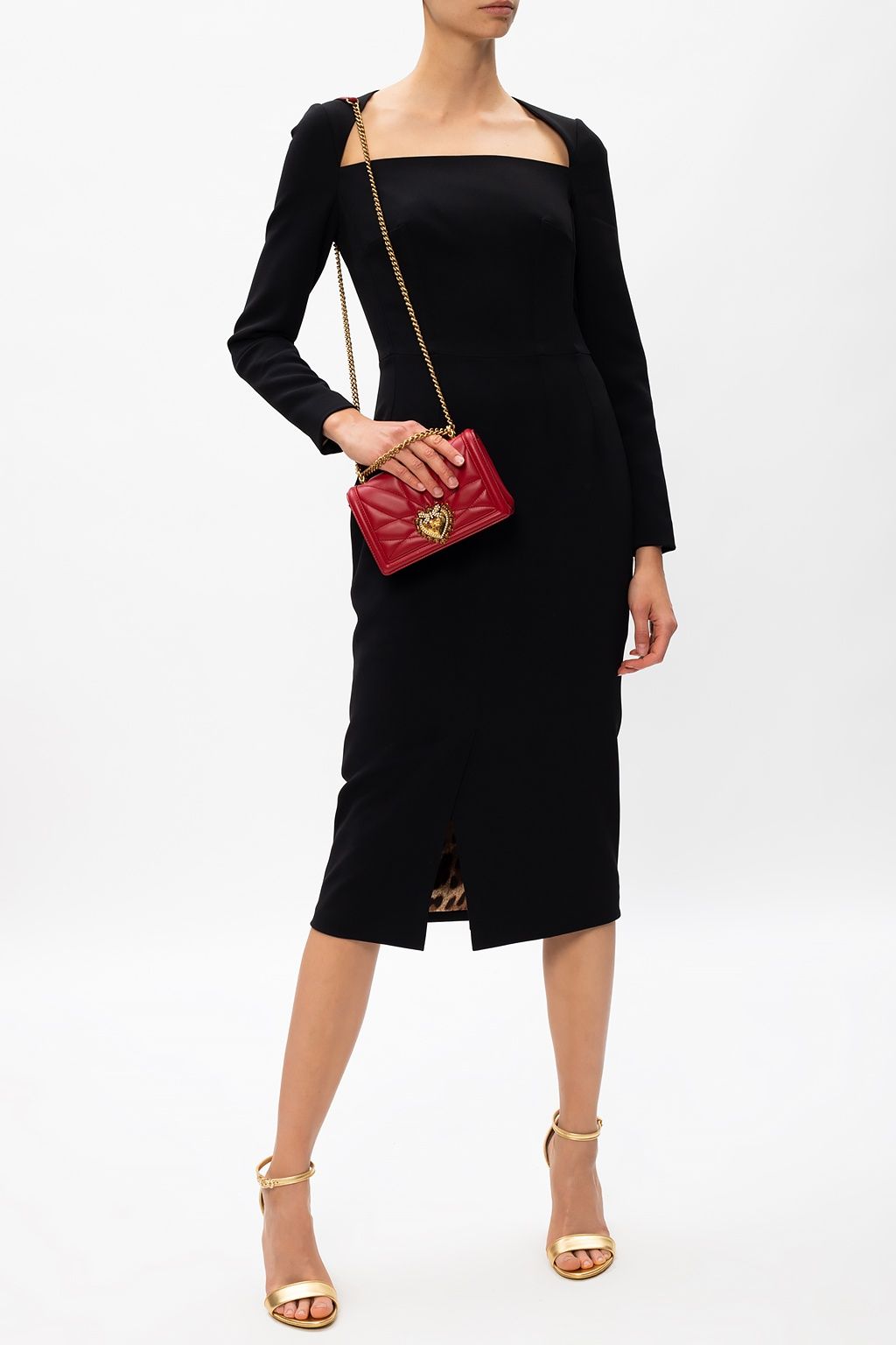 Elegant Long Sleeve Black Viscose Dress with Leopard Details