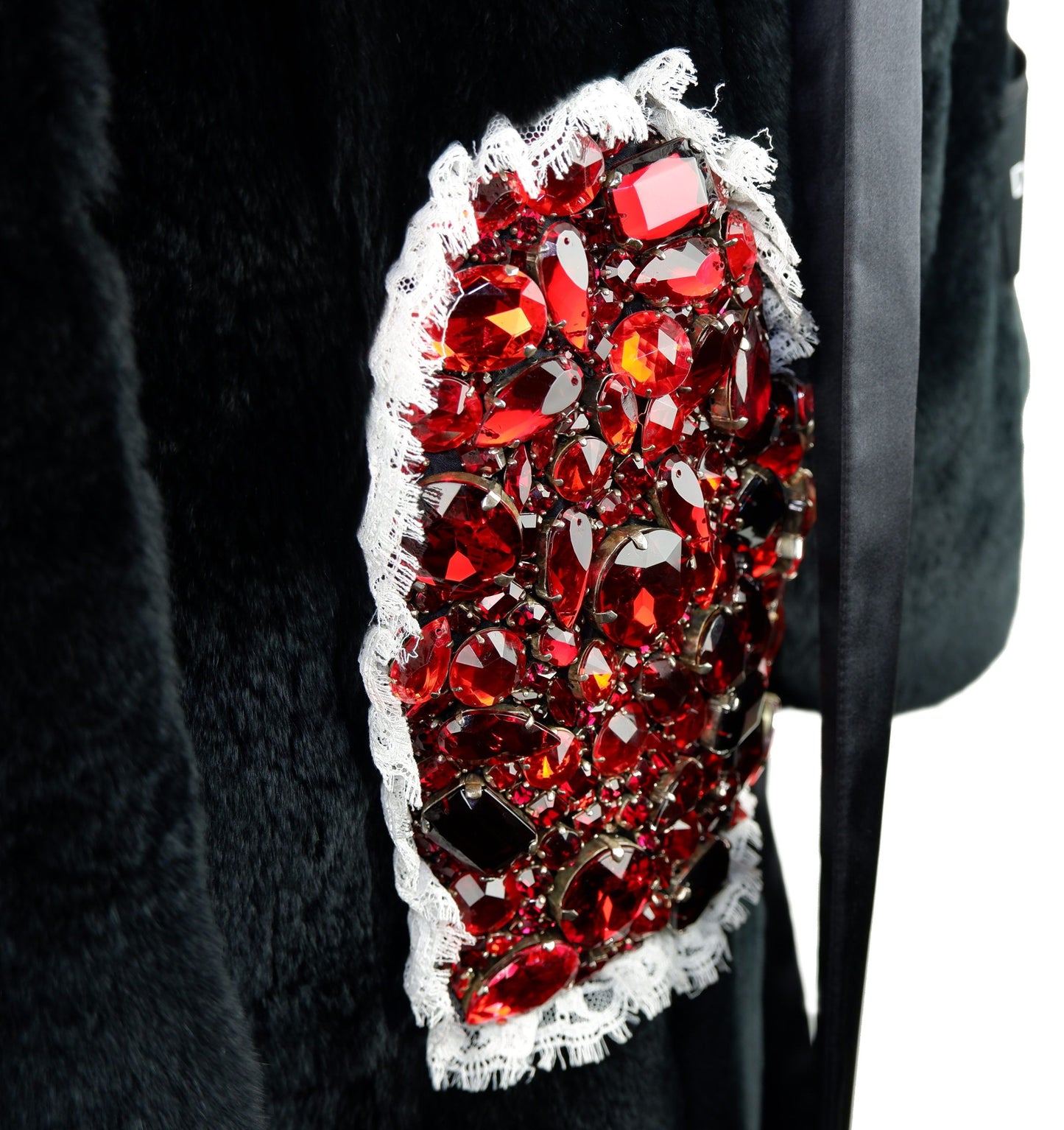 Elegant Black Rabbit Fur Jacket with Glass Stone Appliqué