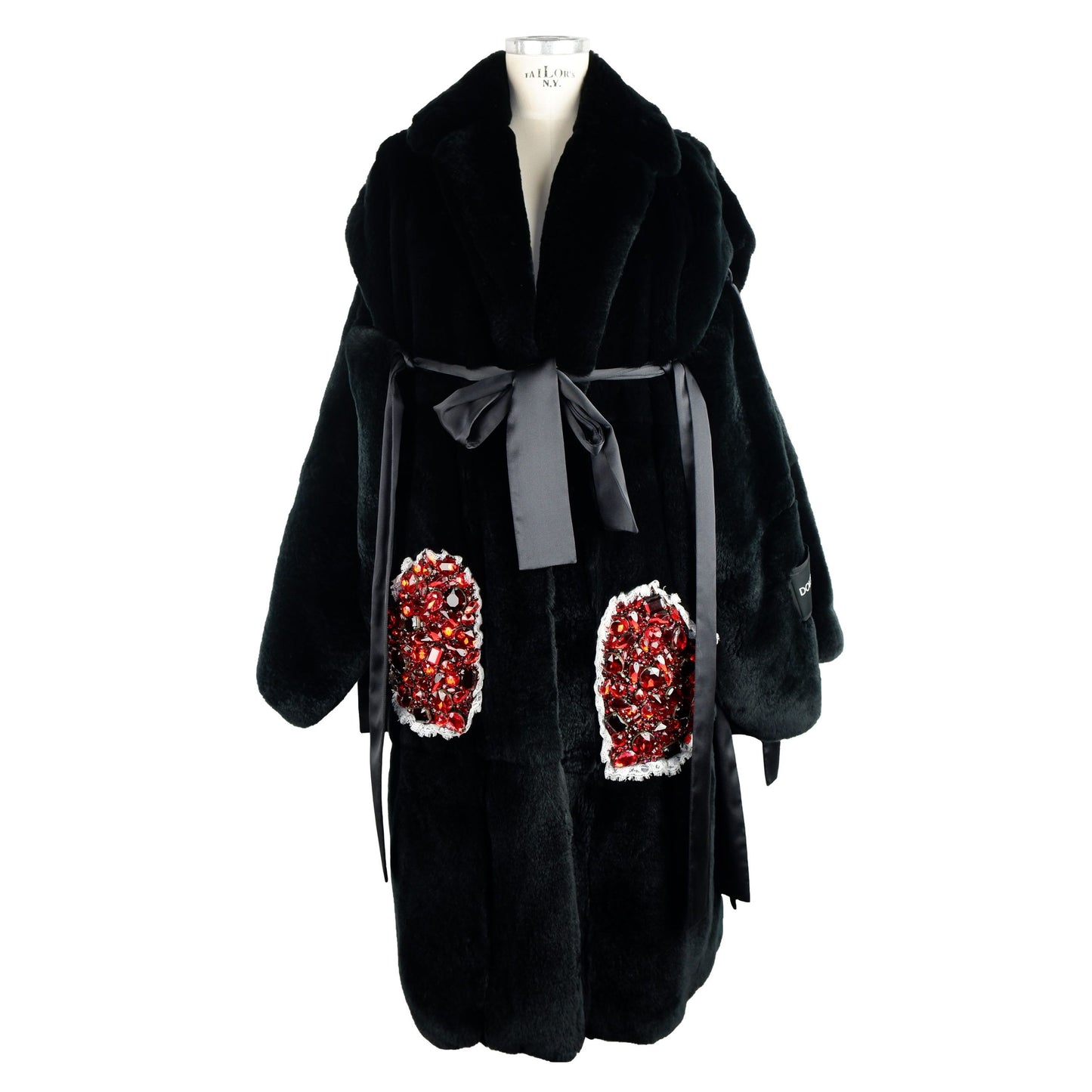 Elegant Black Rabbit Fur Jacket with Glass Stone Appliqué