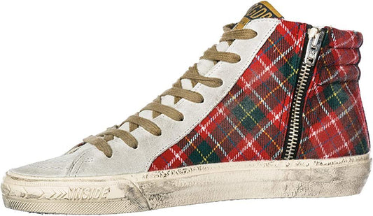 Chic Tartan Calfskin Sneakers with Suede Accents