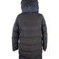 Chic Long Black Jacket with Blue Accents and Fur Hood