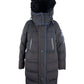 Chic Long Black Jacket with Blue Accents and Fur Hood