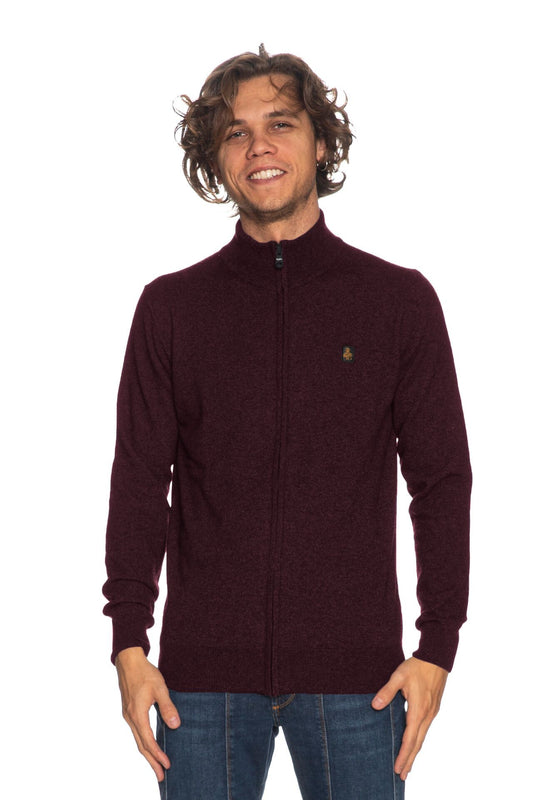 Burgundy Wool-Cashmere Blend High-Collar Cardigan