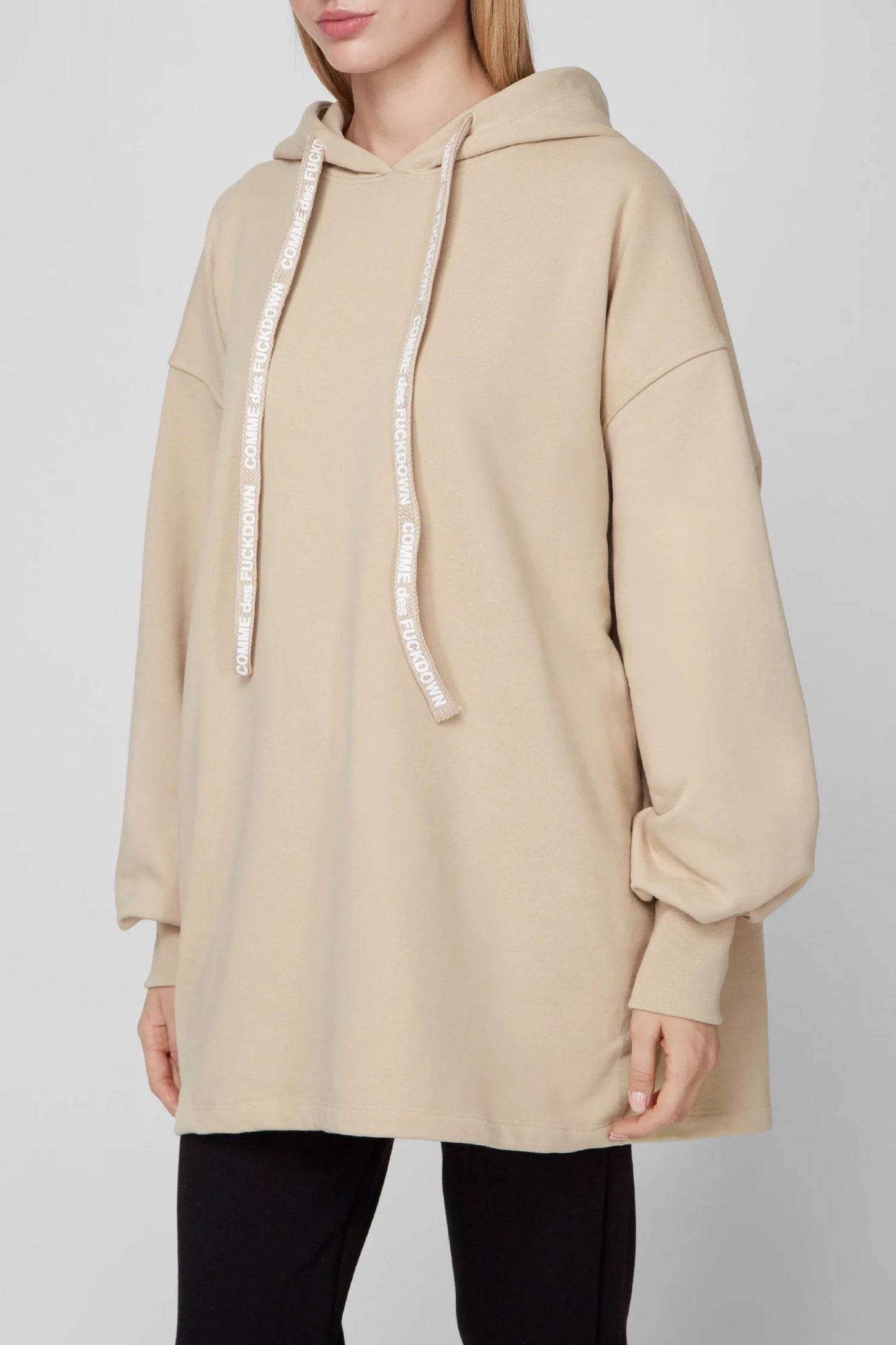 Chic Beige Cotton Hooded Long Sweatshirt