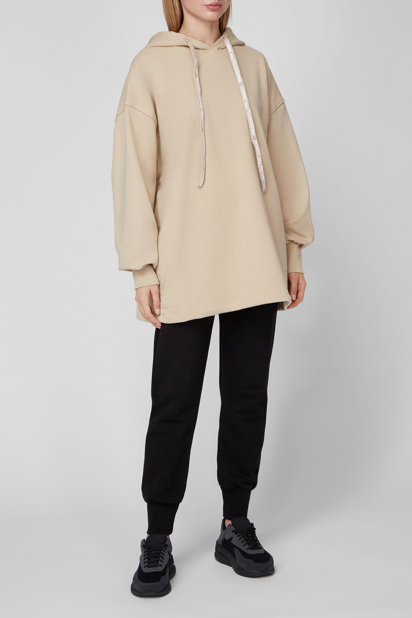 Chic Beige Cotton Hooded Long Sweatshirt