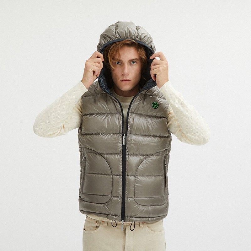 Reversible Goose Down Hooded Vest in Gray