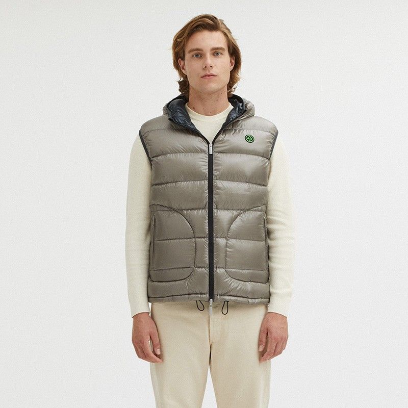 Reversible Goose Down Hooded Vest in Gray