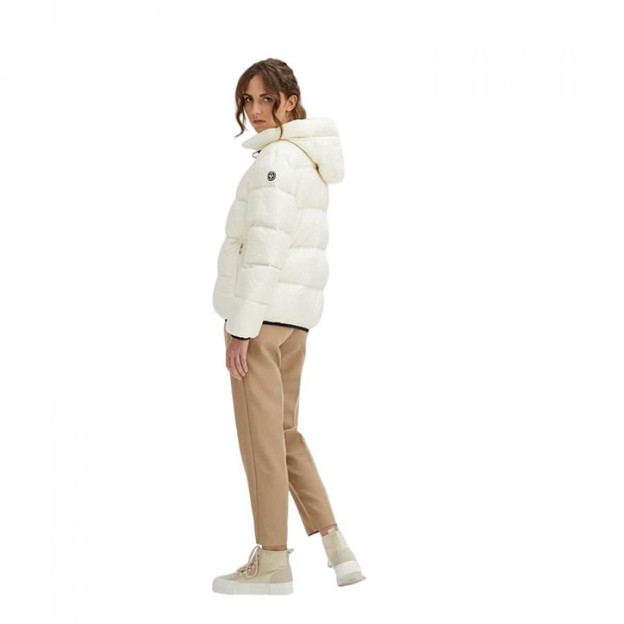 Elegant White Hooded Feather Jacket