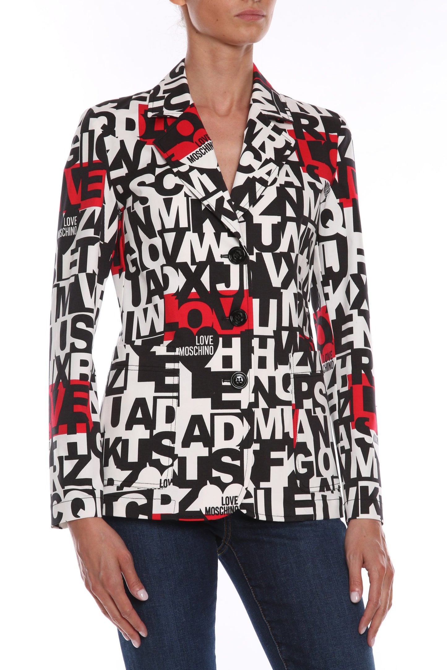 Chic Monochrome Love Moschino Jacket with Pops of Red