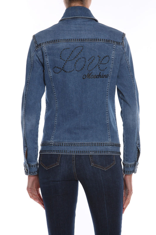 Chic Beaded Denim Jacket with Rhinestone Logo