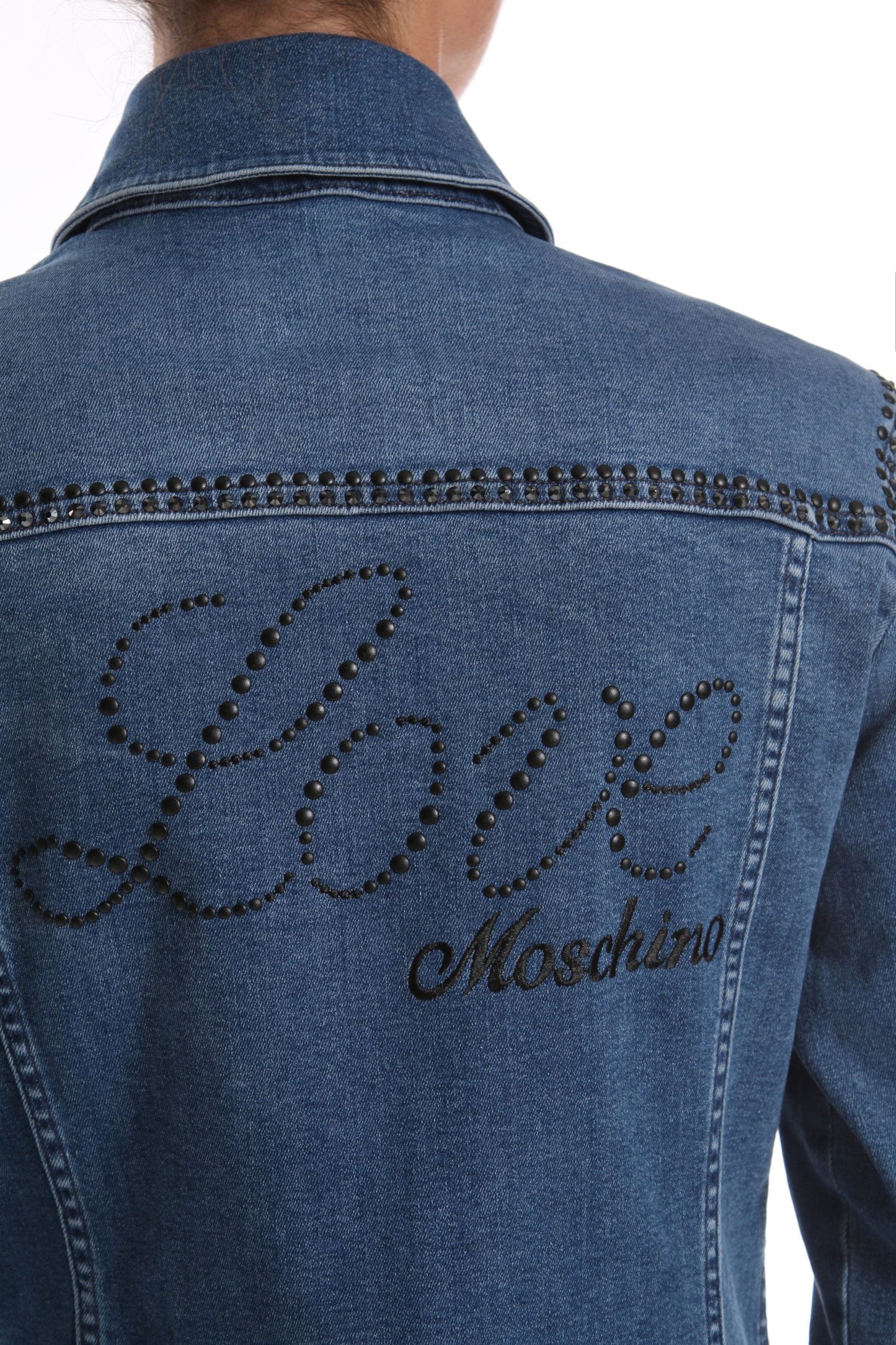 Chic Beaded Denim Jacket with Rhinestone Logo