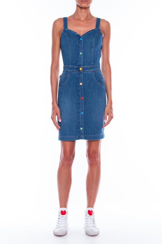 Chic Sleeveless Denim Dress with Colored Buttons