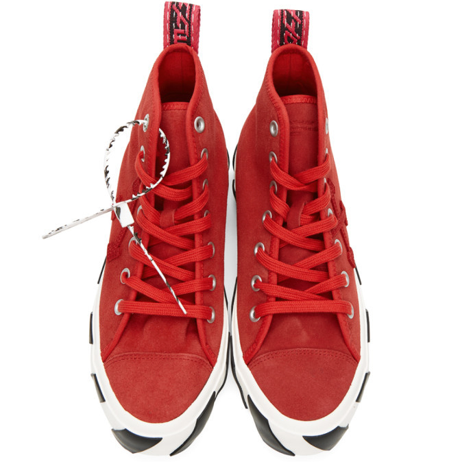 Red Suede High-Top Sneakers with Striped Sole