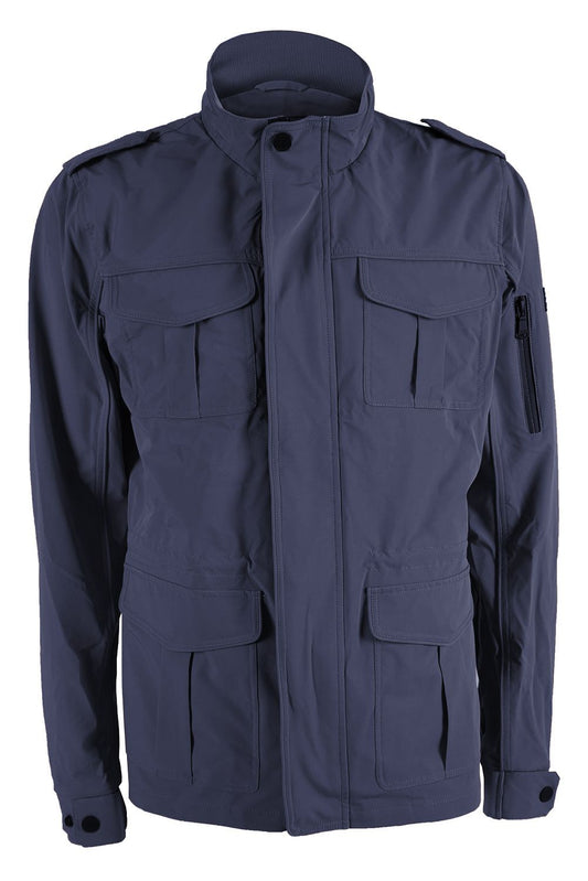 Sleek Blue Windbreaker with Multi-Pocket Design