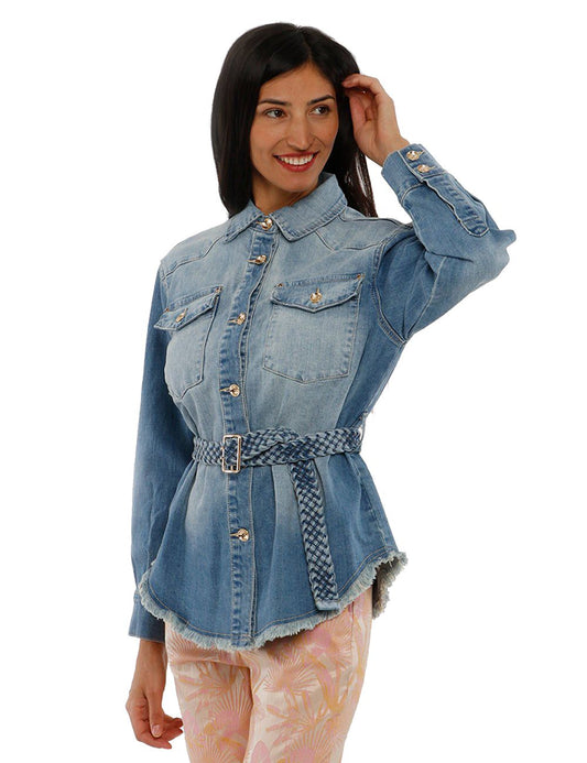 Chic Denim Ribbon Belt Jacket