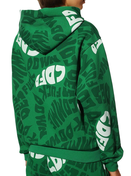 Urban Edge Green Cotton Hoodie with Bold Prints