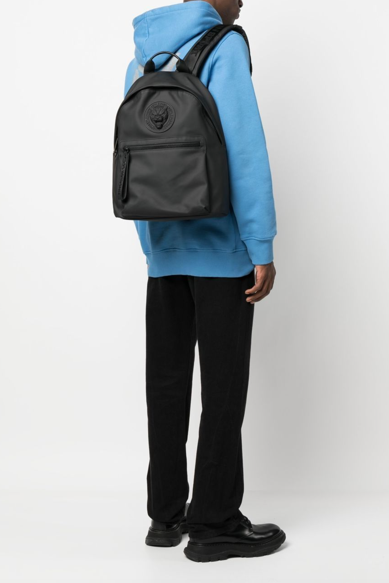 Sleek Black Designer Backpack with Relief Logo