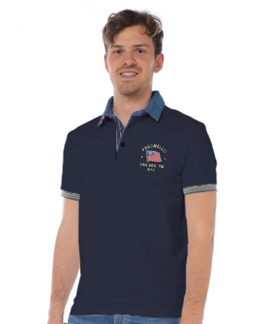 Chic Denim Collar Polo with Chest Logo