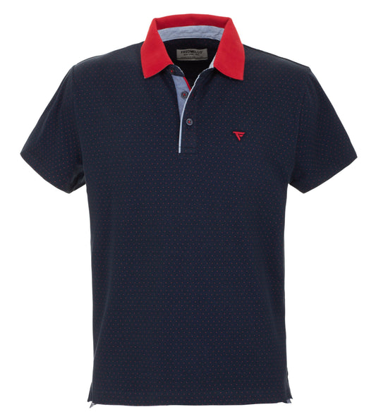 Chic Cotton Polo with Red Dot Prints & Contrasting Collar