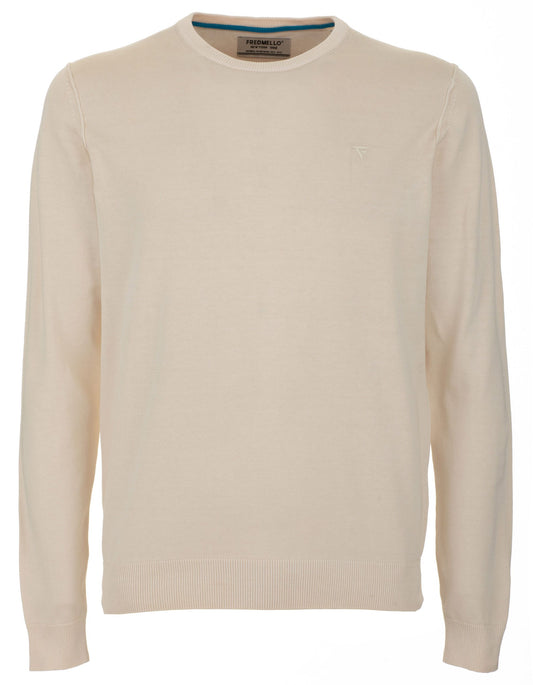 Beige Cotton Crew Neck Sweater with Logo