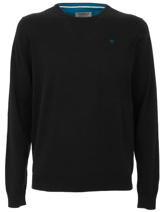 Elegant Crew Neck Cotton Sweater - Black