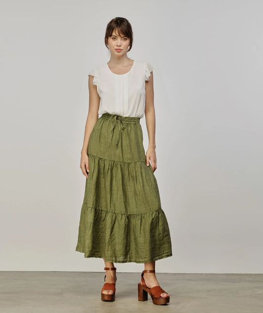 Elegant Long Green Linen Skirt