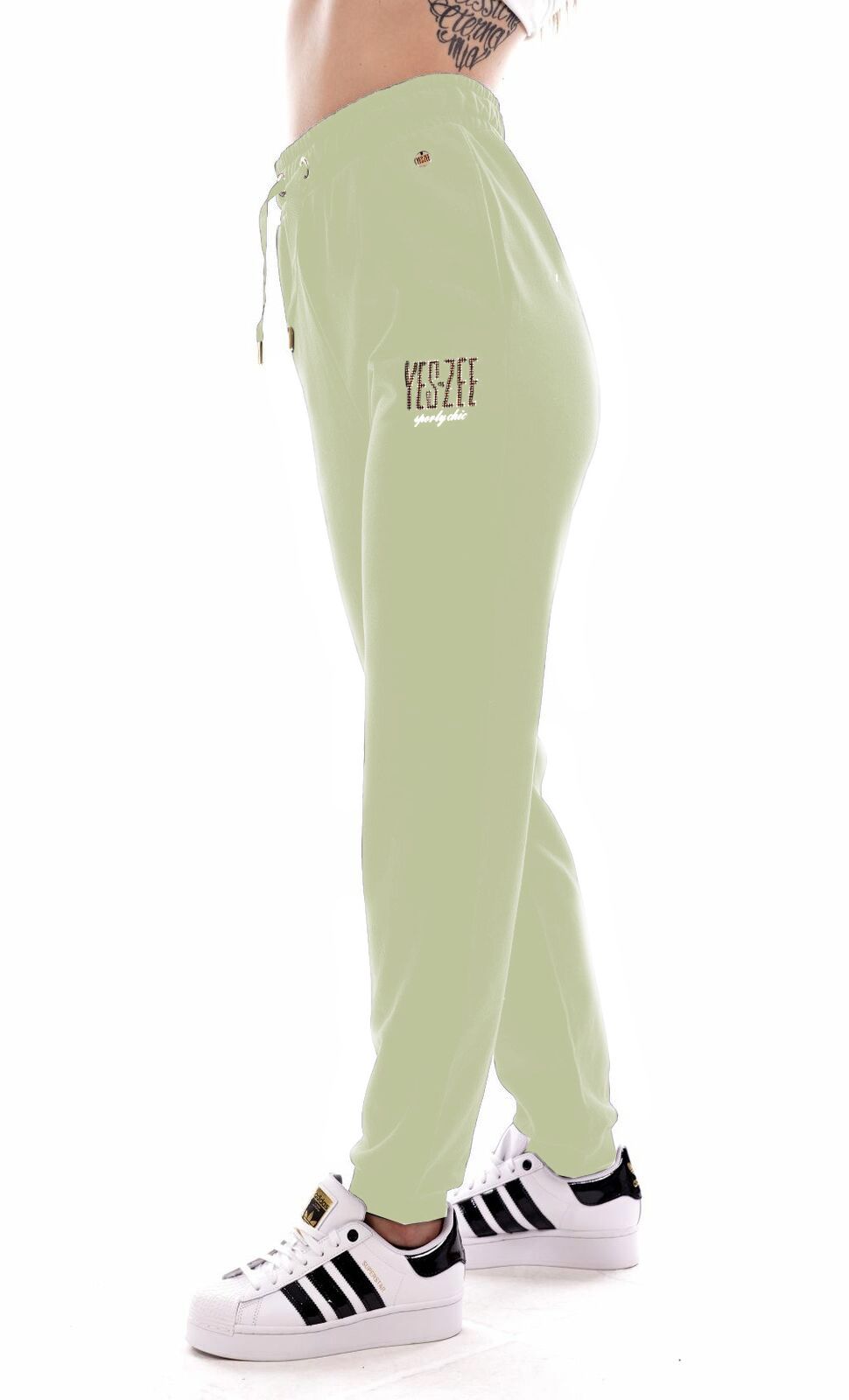 Rhinestone Logo Sweatpants in Chic Green