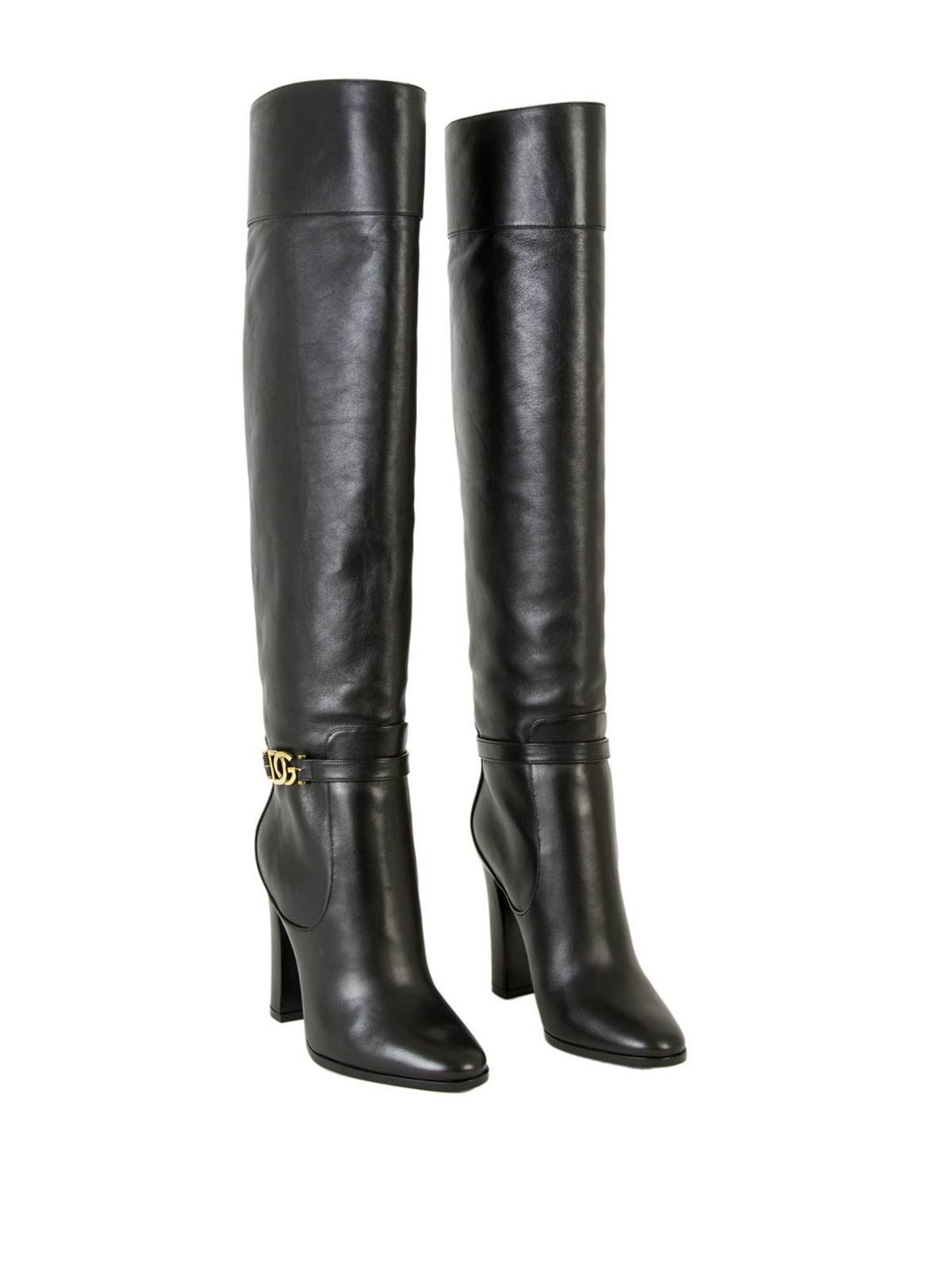 Elegant Black Calf Leather Boots with Gold Detail