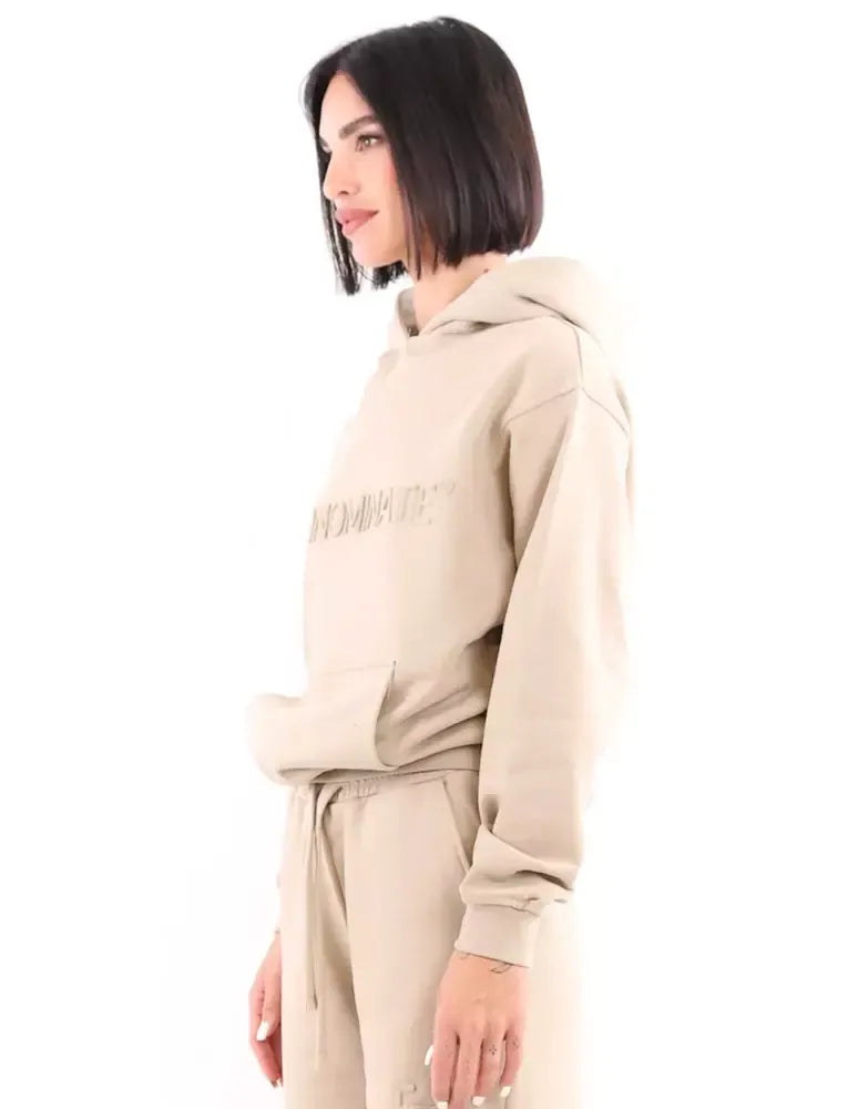 Beige Cotton Hooded Sweatshirt with 3D Logo