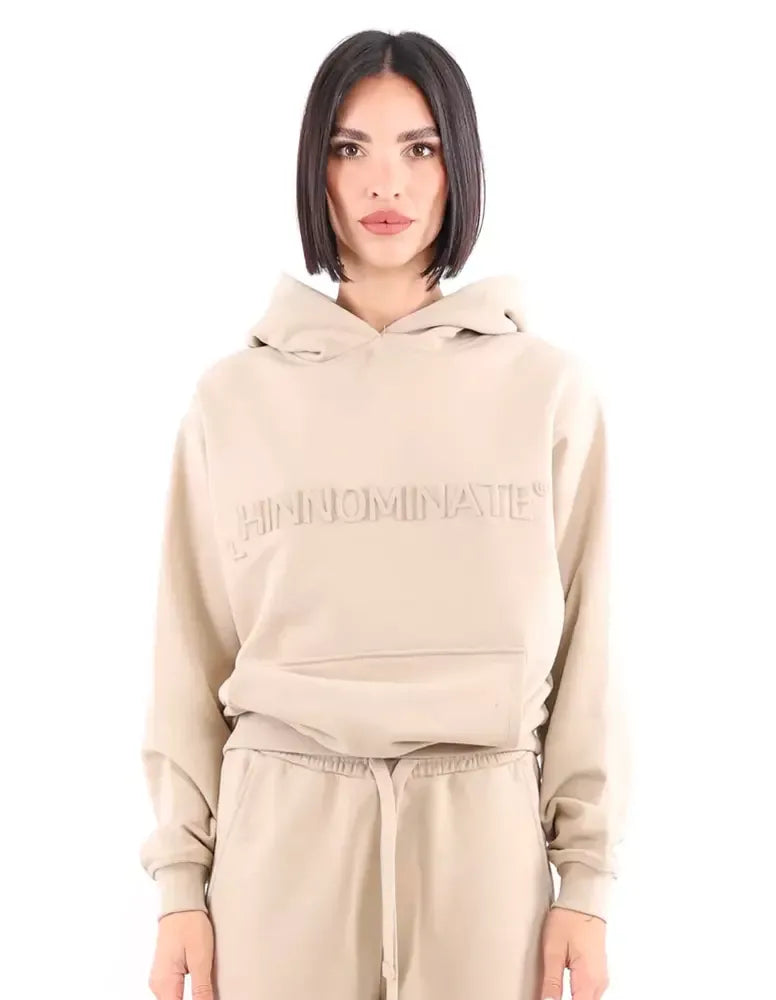 Beige Cotton Hooded Sweatshirt with 3D Logo