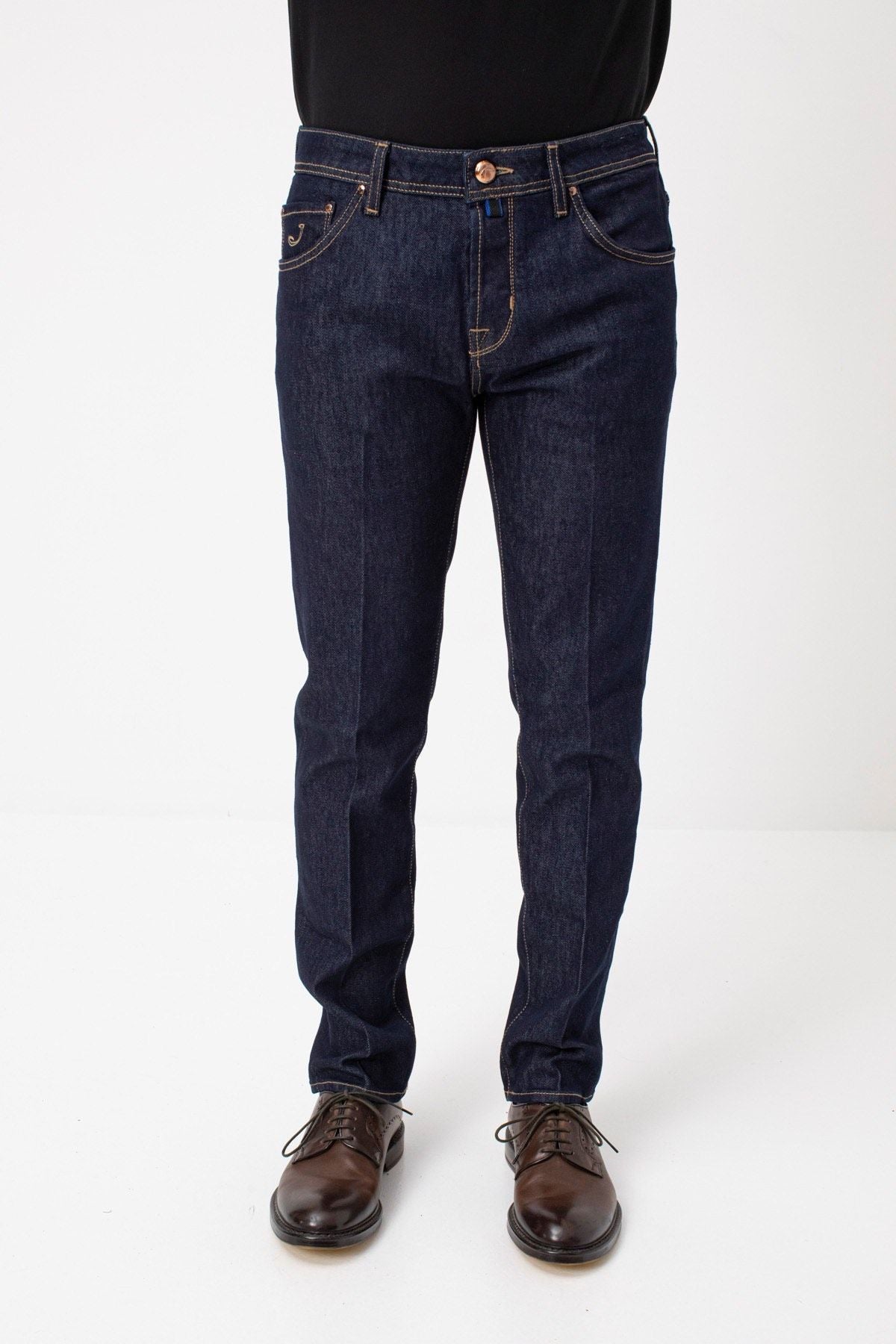 Elegant Blue Denim Jeans with Suede Detail