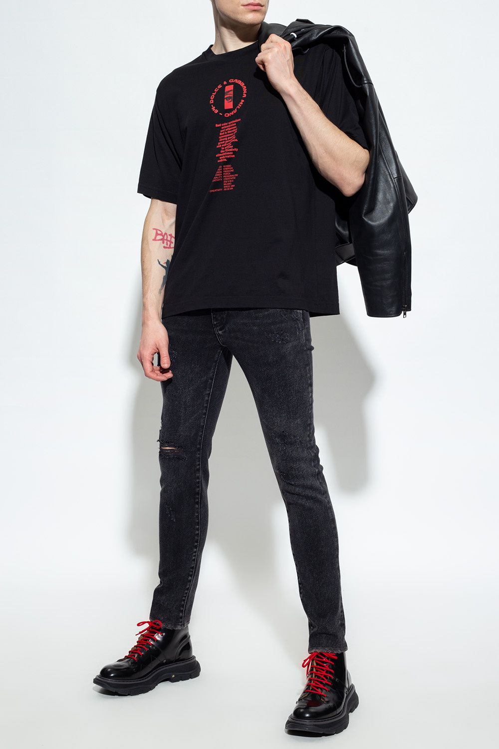 Elegant Black Cotton Tee with Red Contrast Design