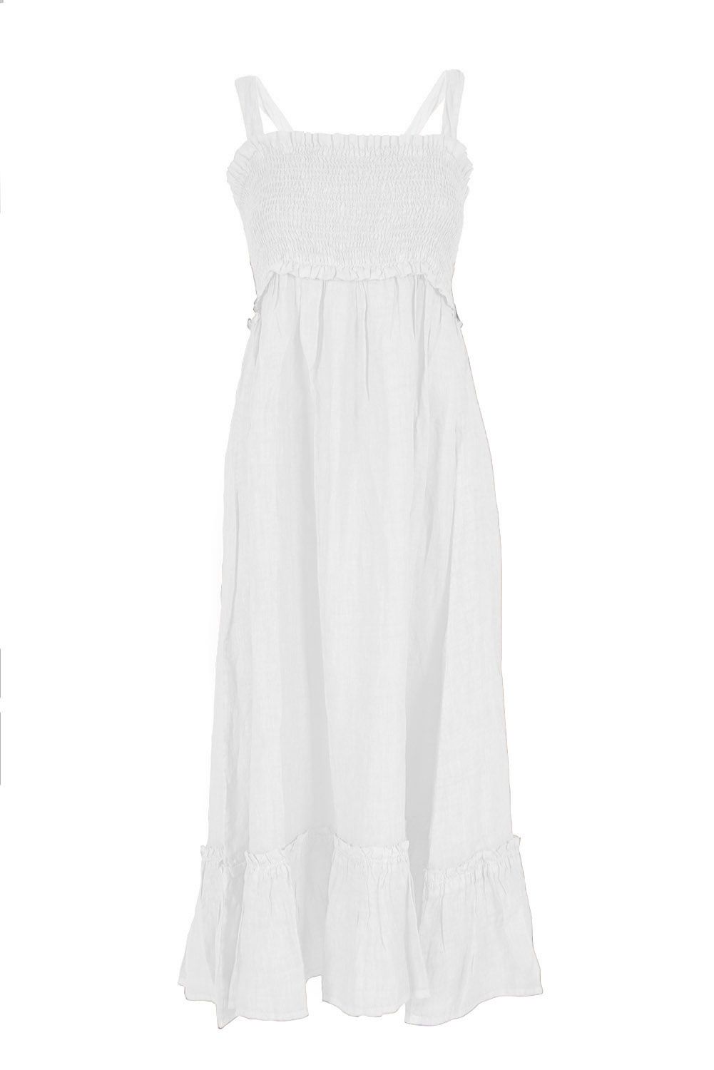 Elegant White Linen Maxi Dress with Smocked Bodice