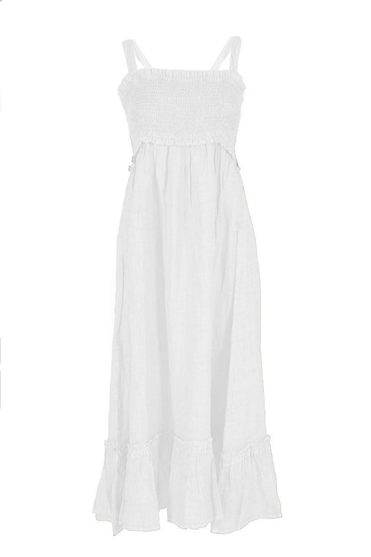 Elegant White Linen Maxi Dress with Smocked Bodice