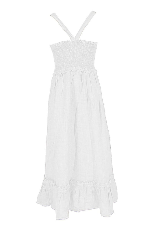 Elegant White Linen Maxi Dress with Smocked Bodice