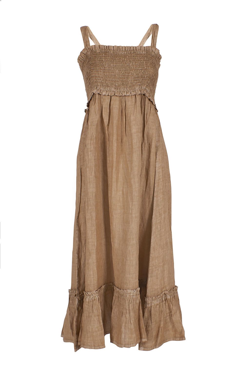 Elegant Beige Linen Maxi Dress with Flounce Hem