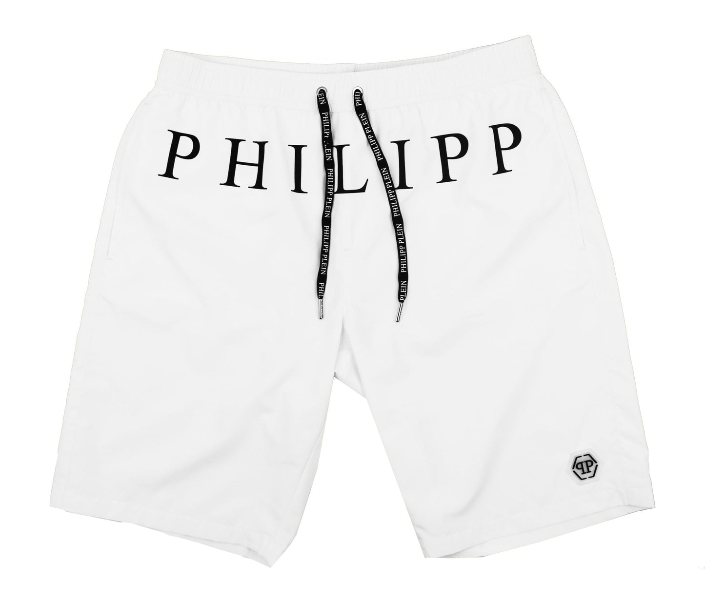 White Logo Print Men's Long Boxer Swim Shorts