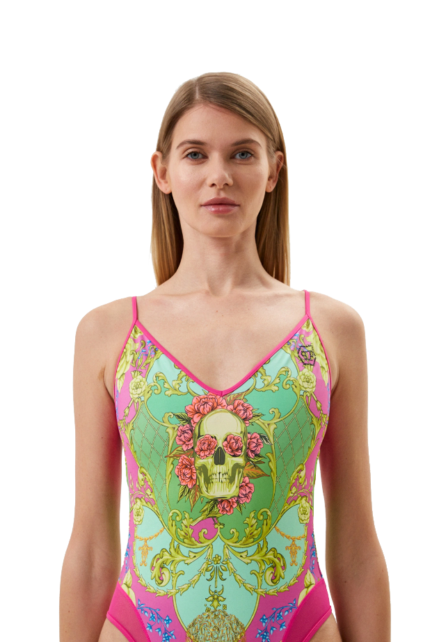 Beaded Logo V-Neck Designer Swimsuit