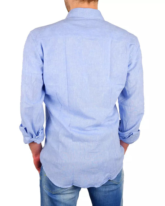 Elegant Light Blue Cotton-Linen Shirt