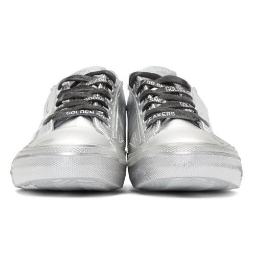 Metallic Silver Distressed Leather Sneakers