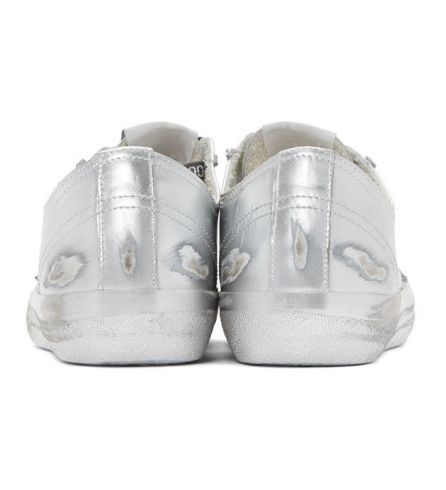 Metallic Silver Distressed Leather Sneakers