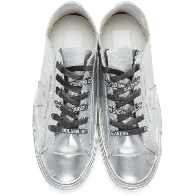 Metallic Silver Distressed Leather Sneakers