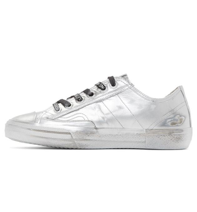 Metallic Silver Distressed Leather Sneakers