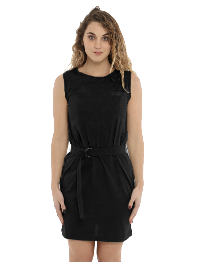 Elegant Sleeveless Black Cotton Dress with Belt