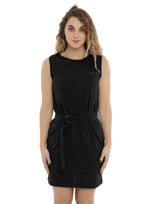 Elegant Sleeveless Black Cotton Dress with Belt