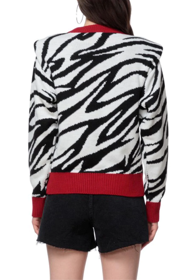 Zebra Chic Acrylic Blend Sweater With Red Trims