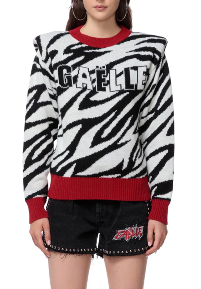 Zebra Chic Acrylic Blend Sweater With Red Trims