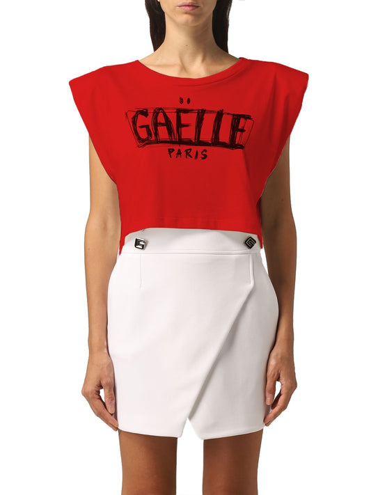 Chic Red Shoulder Pad Tee with Logo Accent