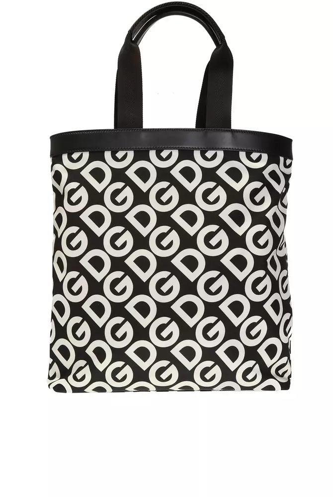 Black Patterned Leather-Trim Shopper Bag