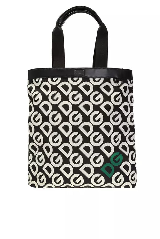 Black Patterned Leather-Trim Shopper Bag